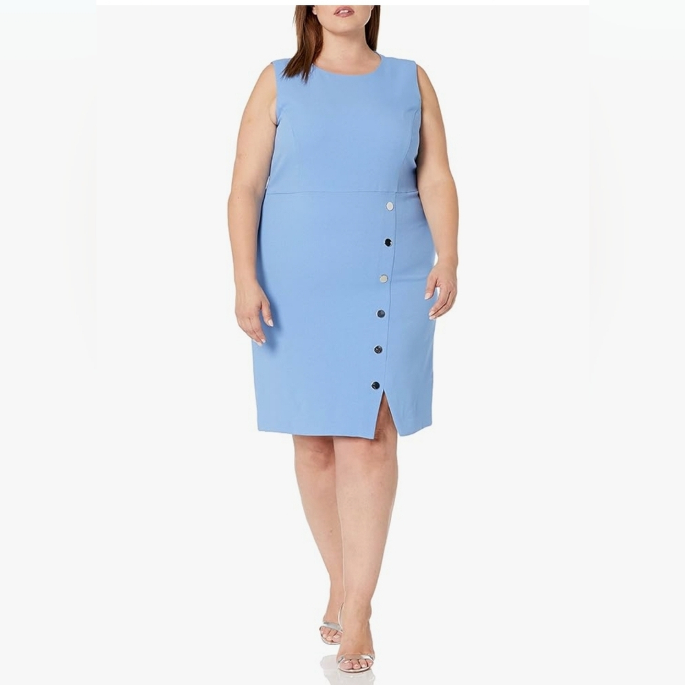 Kasper Women's Sleeveless Blue Snap-Front Sheath Dress Plus Size 22W